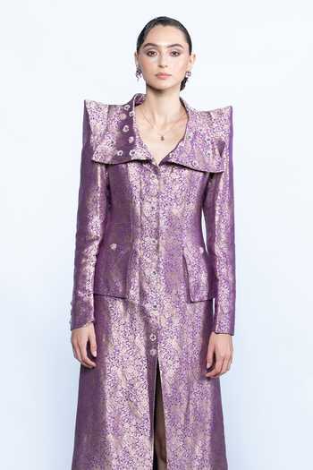 Buy Aangan By Parul Purple Brocade Collared Neck Imperial Amethyst Coat Dress Online at Aza Fashions Buy_Aangan By Parul_Purple Brocade Collared Neck Imperial Amethyst Coat Dress _Online_at_Aza_Fashions