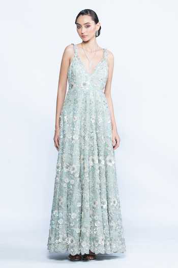 Aangan By Parul Aurora Mint Floral Evening Gown 