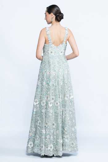 Aangan By Parul Aurora Mint Floral Evening Gown 