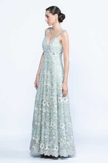 Aangan By Parul Green Organza Sequins, Beads V-, Plunge Aurora Mint Floral Evening Gown Online at Aza Fashions Aangan By Parul_Green Organza Sequins, Beads V-, Plunge Aurora Mint Floral Evening Gown _Online_at_Aza_Fashions