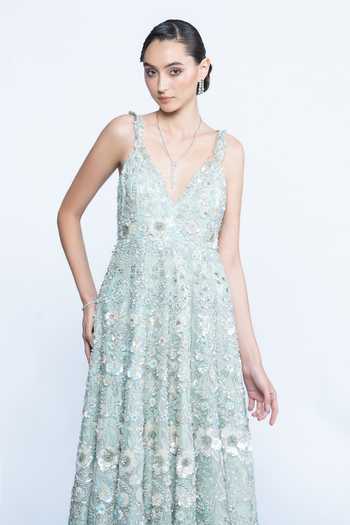 Buy Aangan By Parul Green Organza Sequins, Beads V-, Plunge Aurora Mint Floral Evening Gown Online at Aza Fashions Buy_Aangan By Parul_Green Organza Sequins, Beads V-, Plunge Aurora Mint Floral Evening Gown _Online_at_Aza_Fashions
