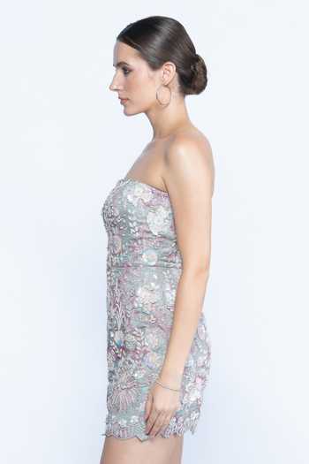 Aangan By Parul_Multi Color Organza Bandeau Neck Iridescent Bloom Strapless Mini Dress _Online_at_Aza_Fashions