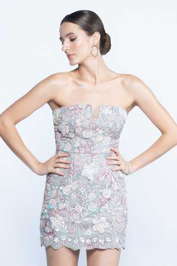 Buy_Aangan By Parul_Multi Color Organza Bandeau Neck Iridescent Bloom Strapless Mini Dress _Online_at_Aza_Fashions