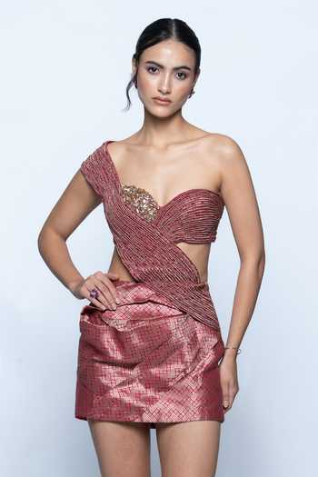 Aangan By Parul Ruby Pure Banarasi Brocade Draped Mini Dress 