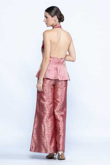 Aangan By Parul Rose Gold Banarasi Halter Neck Jacket & Pant Set 
