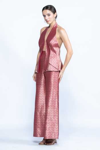 Aangan By Parul Rose Gold Brocade Halter Neck Banarasi Jacket And Pant Set Online at Aza Fashions Aangan By Parul_Rose Gold Brocade Halter Neck Banarasi Jacket And Pant Set _Online_at_Aza_Fashions