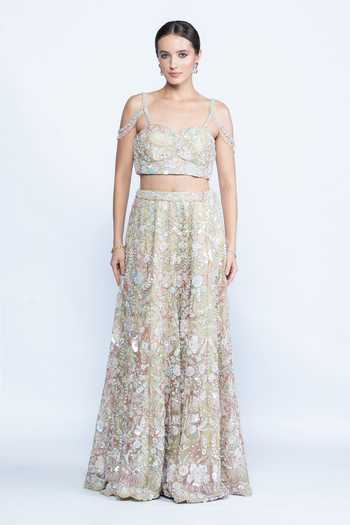 Aangan By Parul Opaline Blossom Metalic Embroidered Lehenga Set 