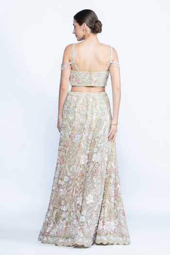 Aangan By Parul Opaline Blossom Metalic Embroidered Lehenga Set 