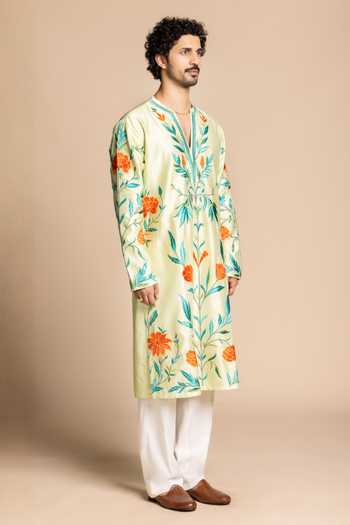 Shop Gargee Designers Green Chanderi Silk Kurta And Pant Set Online at Aza Fashions Shop_Gargee Designers_Green Chanderi Silk Kurta And Pant Set _Online_at_Aza_Fashions