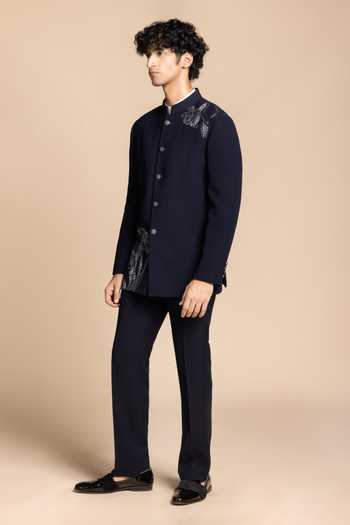 Gargee Designers_Silver Polyester Zari Navy Metallic Jodhpuri Set _Online_at_Aza_Fashions