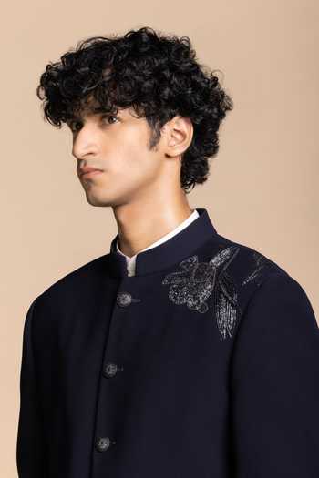 Buy Gargee Designers Silver Polyester Zari Navy Metallic Jodhpuri Set Online at Aza Fashions Buy_Gargee Designers_Silver Polyester Zari Navy Metallic Jodhpuri Set _Online_at_Aza_Fashions