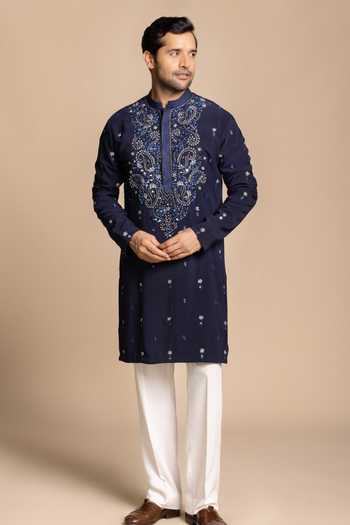 Shop Gargee Designers Blue Polyester Embroidered Kurta And Pant Set Online at Aza Fashions Shop_Gargee Designers_Blue Polyester Embroidered Kurta And Pant Set _Online_at_Aza_Fashions