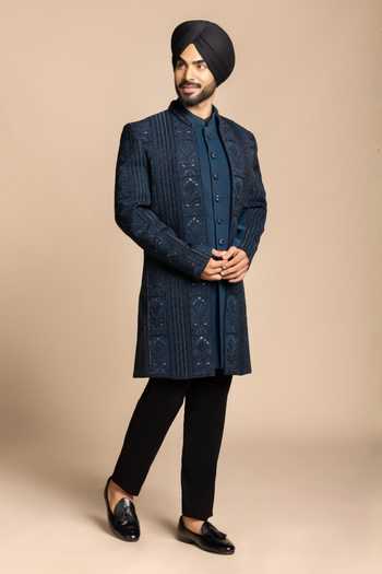 Gargee Designers Blue Polyester Embroidered Sherwani Set Online at Aza Fashions Gargee Designers_Blue Polyester Embroidered Sherwani Set _Online_at_Aza_Fashions