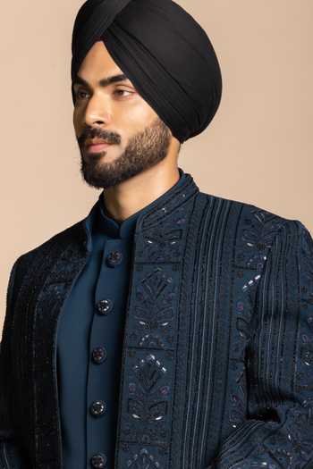 Shop Gargee Designers Blue Polyester Embroidered Sherwani Set Online at Aza Fashions Shop_Gargee Designers_Blue Polyester Embroidered Sherwani Set _Online_at_Aza_Fashions