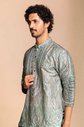 Shop Gargee Designers Green Silk, Cotton Sage Mirror Work Kurta Set Online at Aza Fashions Shop_Gargee Designers_Green Silk, Cotton Sage Mirror Work Kurta Set _Online_at_Aza_Fashions