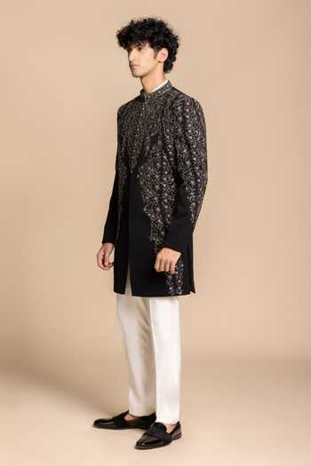 Gargee Designers White Polyester Crystals, Metallic Thread Noir Embellished Bandhgala Set Online at Aza Fashions Gargee Designers_White Polyester Crystals, Metallic Thread Noir Embellished Bandhgala Set _Online_at_Aza_Fashions