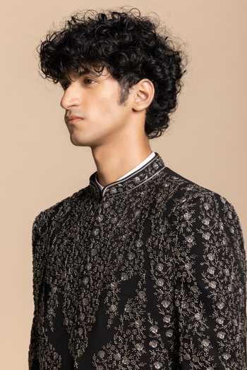 Shop Gargee Designers White Polyester Crystals, Metallic Thread Noir Embellished Bandhgala Set Online at Aza Fashions Shop_Gargee Designers_White Polyester Crystals, Metallic Thread Noir Embellished Bandhgala Set _Online_at_Aza_Fashions