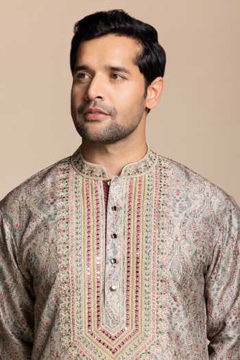 Shop Gargee Designers Beige Silk, Cotton Mirror Work Kurta And Churidar Set Online at Aza Fashions Shop_Gargee Designers_Beige Silk, Cotton Mirror Work Kurta And Churidar Set _Online_at_Aza_Fashions