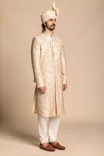 Gargee Designers Beige Silk Raw Embroidered Sherwani Set Online at Aza Fashions Gargee Designers_Beige Silk Raw Embroidered Sherwani Set _Online_at_Aza_Fashions