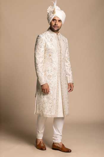 Shop Gargee Designers Ivory Silk, Polyester Embroidered Sherwani Set Online at Aza Fashions Shop_Gargee Designers_Ivory Silk, Polyester Embroidered Sherwani Set _Online_at_Aza_Fashions
