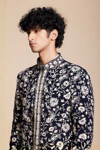 Gargee Designers Blue Polyester Floral Embroidered Sherwani Jacket And Pant Set Online at Aza Fashions Gargee Designers_Blue Polyester Floral Embroidered Sherwani Jacket And Pant Set _Online_at_Aza_Fashions