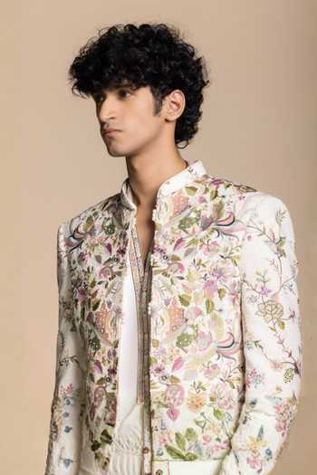 Gargee Designers Ivory Silk, Cotton Embroidery Botanical Bandhgala Set Online at Aza Fashions Gargee Designers_Ivory Silk, Cotton Embroidery Botanical Bandhgala Set _Online_at_Aza_Fashions