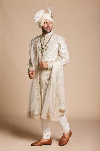 Buy Gargee Designers Ivory Silk Bird Embroidered Raw Sherwani Set Online at Aza Fashions Buy_Gargee Designers_Ivory Silk Bird Embroidered Raw Sherwani Set _Online_at_Aza_Fashions