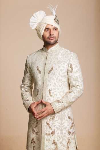 Shop Gargee Designers Ivory Silk Bird Embroidered Raw Sherwani Set Online at Aza Fashions Shop_Gargee Designers_Ivory Silk Bird Embroidered Raw Sherwani Set _Online_at_Aza_Fashions