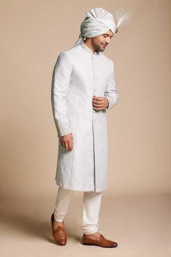 Buy Gargee Designers Blue Viscose, Jacquard Border Embroidered Sherwani Set Online at Aza Fashions Buy_Gargee Designers_Blue Viscose, Jacquard Border Embroidered Sherwani Set _Online_at_Aza_Fashions