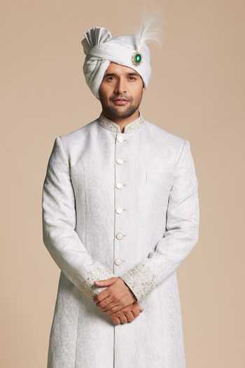 Shop Gargee Designers Blue Viscose, Jacquard Border Embroidered Sherwani Set Online at Aza Fashions Shop_Gargee Designers_Blue Viscose, Jacquard Border Embroidered Sherwani Set _Online_at_Aza_Fashions