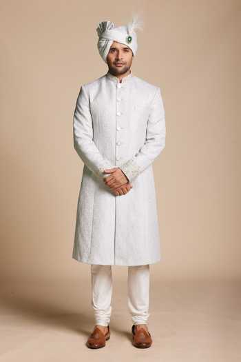 Gargee Designers Blue Viscose, Jacquard Border Embroidered Sherwani Set at Aza Fashions Gargee Designers_Blue Viscose, Jacquard Border Embroidered Sherwani Set _at_Aza_Fashions