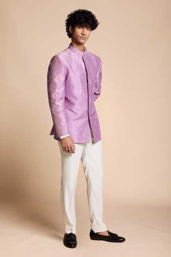 Buy Gargee Designers White Silk Textured Pattern Bandhgala And Pant Online at Aza Fashions Buy_Gargee Designers_White Silk Textured Pattern Bandhgala And Pant _Online_at_Aza_Fashions