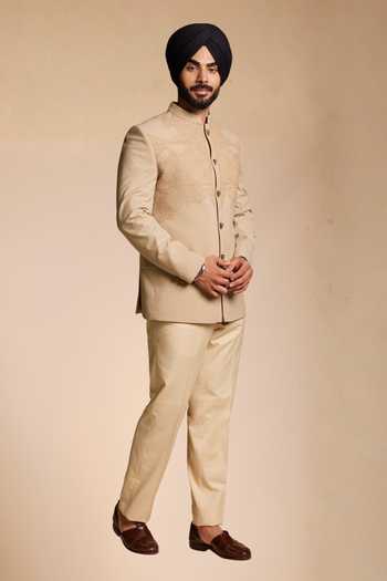 Gargee Designers Beige Viscose, Polyester Embroidery French Knot Bandhgala Set Online at Aza Fashions Gargee Designers_Beige Viscose, Polyester Embroidery French Knot Bandhgala Set _Online_at_Aza_Fashions