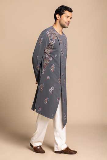 Gargee Designers Grey Polyester Embroidered Angarakha Kurta And Pant Set Online at Aza Fashions Gargee Designers_Grey Polyester Embroidered Angarakha Kurta And Pant Set _Online_at_Aza_Fashions