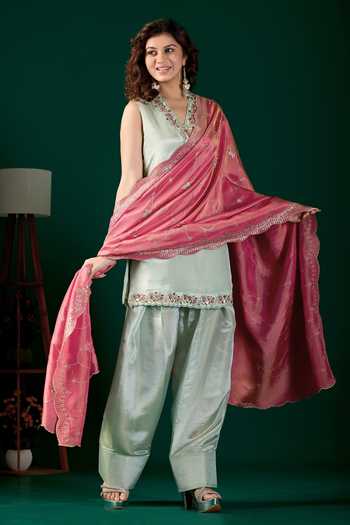 Damoiselle Green Silk, Tissue V-neck Embroidered Kurta Set at Aza Fashions Damoiselle_Green Silk, Tissue V-neck Embroidered Kurta Set _at_Aza_Fashions