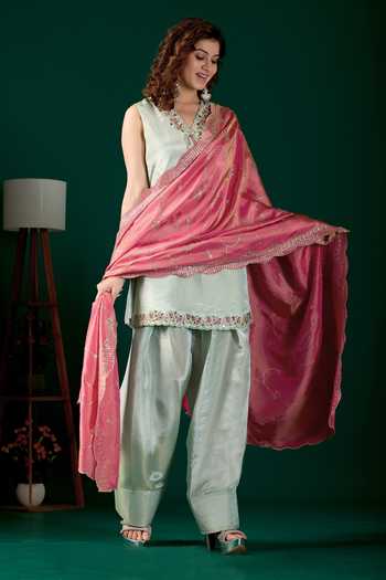 Buy Damoiselle Green Silk, Tissue V-neck Embroidered Kurta Set Buy_Damoiselle_Green Silk, Tissue V-neck Embroidered Kurta Set