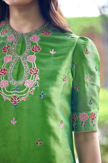 Damoiselle Green Silk, Tissue, Viscose, Shantoon Keyhole Neck, Hand Embroidered Kurta Set at Aza Fashions Damoiselle_Green Silk, Tissue, Viscose, Shantoon Keyhole Neck, Hand Embroidered Kurta Set _at_Aza_Fashions