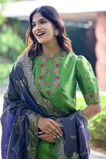 Buy Damoiselle Green Silk, Tissue, Viscose, Shantoon Keyhole Neck, Hand Embroidered Kurta Set Buy_Damoiselle_Green Silk, Tissue, Viscose, Shantoon Keyhole Neck, Hand Embroidered Kurta Set