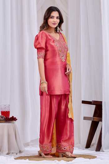 Buy Damoiselle Fuchsia Silk, Tissue V-neck Embroidered Puff Sleeve Kurta Set Online at Aza Fashions Buy_Damoiselle_Fuchsia Silk, Tissue V-neck Embroidered Puff Sleeve Kurta Set _Online_at_Aza_Fashions