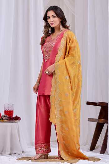 Shop Damoiselle Fuchsia Silk, Tissue V-neck Embroidered Puff Sleeve Kurta Set Online at Aza Fashions Shop_Damoiselle_Fuchsia Silk, Tissue V-neck Embroidered Puff Sleeve Kurta Set _Online_at_Aza_Fashions