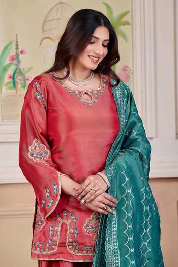 Shop Damoiselle Red Silk, Tissue, Viscose, Shantoon Keyhole Neck, Border Embroidered Kurta Set Online at Aza Fashions Shop_Damoiselle_Red Silk, Tissue, Viscose, Shantoon Keyhole Neck, Border Embroidered Kurta Set _Online_at_Aza_Fashions
