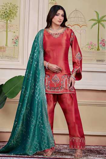 Damoiselle Red Silk, Tissue, Viscose, Shantoon Keyhole Neck, Border Embroidered Kurta Set at Aza Fashions Damoiselle_Red Silk, Tissue, Viscose, Shantoon Keyhole Neck, Border Embroidered Kurta Set _at_Aza_Fashions