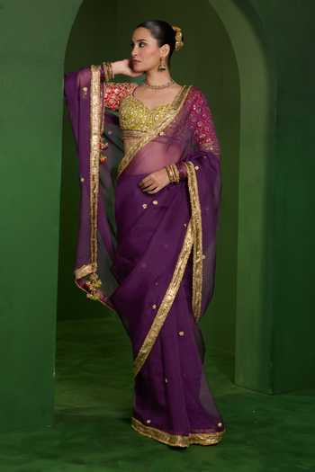 Saina Kapoor Purple Organza, Silk Sweetheart Neck Sequin Embroidered Saree With Blouse Online at Aza Fashions Saina Kapoor_Purple Organza, Silk Sweetheart Neck Sequin Embroidered Saree With Blouse _Online_at_Aza_Fashions