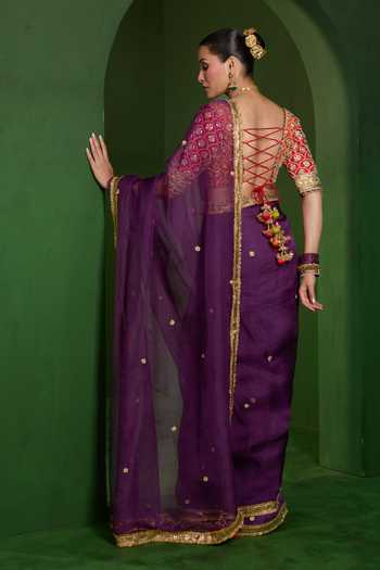 Shop Saina Kapoor Purple Organza, Silk Sweetheart Neck Sequin Embroidered Saree With Blouse at Aza Fashions Shop_Saina Kapoor_Purple Organza, Silk Sweetheart Neck Sequin Embroidered Saree With Blouse _at_Aza_Fashions