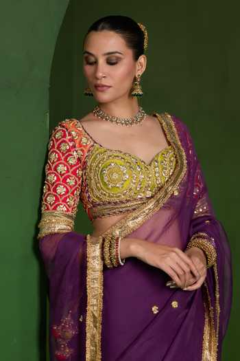 Shop Saina Kapoor Purple Organza, Silk Sweetheart Neck Sequin Embroidered Saree With Blouse Online at Aza Fashions Shop_Saina Kapoor_Purple Organza, Silk Sweetheart Neck Sequin Embroidered Saree With Blouse _Online_at_Aza_Fashions