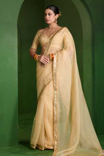 Buy_Saina Kapoor_Beige Organza, Silk Sweetheart Neck Embroidered Saree With Blouse _Online_at_Aza_Fashions