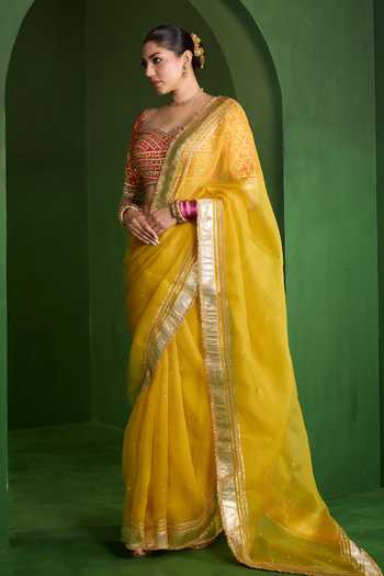 Buy Saina Kapoor Yellow Organza, Silk Sweetheart Neck Sequin Booti Embroidered Saree With Blouse Online at Aza Fashions Buy_Saina Kapoor_Yellow Organza, Silk Sweetheart Neck Sequin Booti Embroidered Saree With Blouse _Online_at_Aza_Fashions