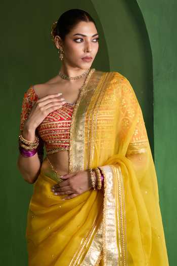 Shop Saina Kapoor Yellow Organza, Silk Sweetheart Neck Sequin Booti Embroidered Saree With Blouse Online at Aza Fashions Shop_Saina Kapoor_Yellow Organza, Silk Sweetheart Neck Sequin Booti Embroidered Saree With Blouse _Online_at_Aza_Fashions
