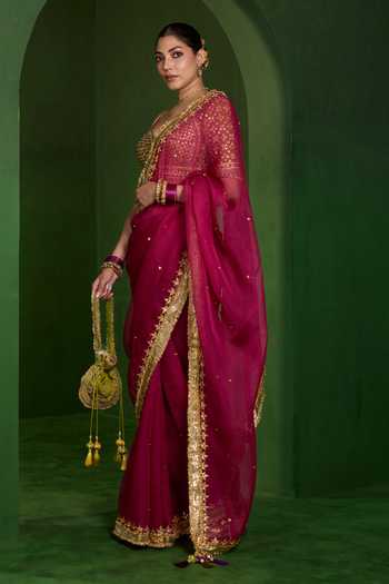 Saina Kapoor Maroon Organza, Silk Sweetheart Neck Aari Work Saree With Blouse Online at Aza Fashions Saina Kapoor_Maroon Organza, Silk Sweetheart Neck Aari Work Saree With Blouse _Online_at_Aza_Fashions