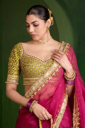 Buy Saina Kapoor Maroon Organza, Silk Sweetheart Neck Aari Work Saree With Blouse Online at Aza Fashions Buy_Saina Kapoor_Maroon Organza, Silk Sweetheart Neck Aari Work Saree With Blouse _Online_at_Aza_Fashions